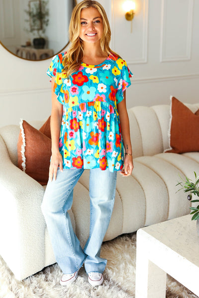 Blue Floral Print Ruffle Sleeve Babydoll Top - Online Only!