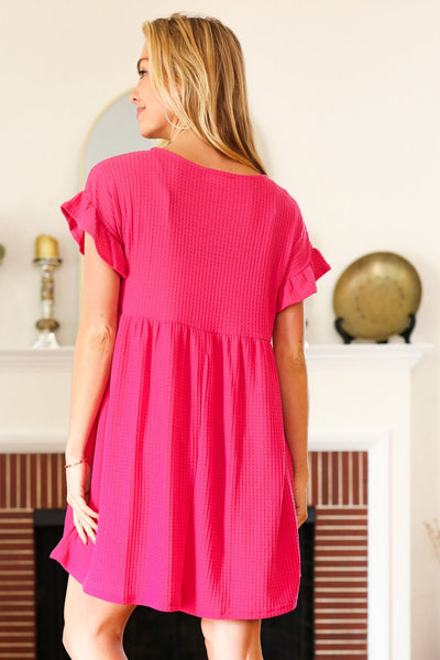 Summer Days Fuchsia Waffle Knit Ruffle Sleeve Babydoll Dress - Online Only!