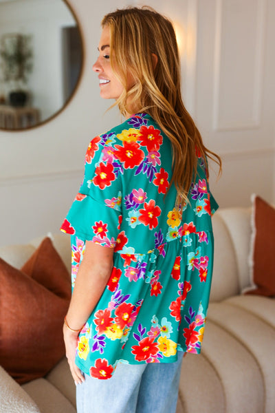 Take Me Away Teal Floral Drop Shoulder Babydoll Top - Online Only!