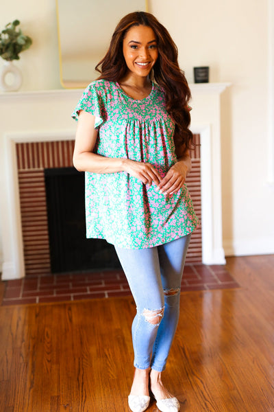 Dreamy Green & Pink Floral Yoke Ruffle Short Sleeve Top - Online Only!