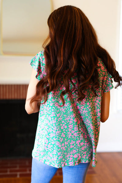 Dreamy Green & Pink Floral Yoke Ruffle Short Sleeve Top - Online Only!