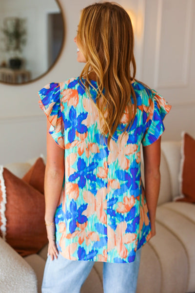 Tropical Breeze Turquoise Floral Banded V Neck Flutter Sleeve Top - Online Only!