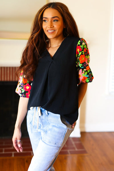 Eyes On You Black Floral Puff Sleeve V Neck Top - Online Only!