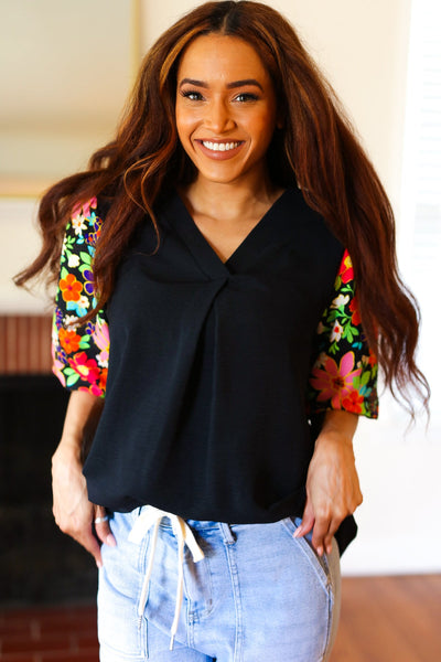 Eyes On You Black Floral Puff Sleeve V Neck Top - Online Only!