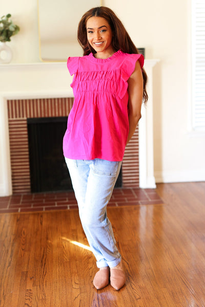 Love Life Cotton Fuchsia Frill Mock Neck Flutter Sleeve Top - Online Only!