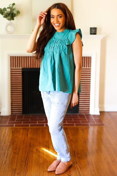 Love Life Cotton Turquoise Frill Mock Neck Flutter Sleeve Top - Online Only!
