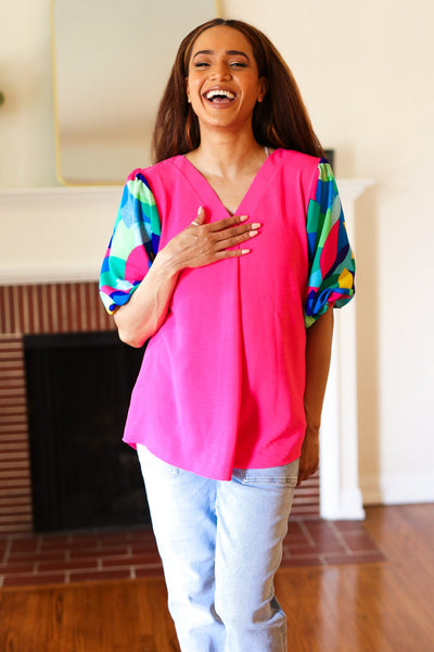 Tell Your Story Fuchsia Geo Print Puff Sleeve V Neck Top - Online Only!