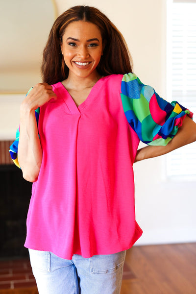 Tell Your Story Fuchsia Geo Print Puff Sleeve V Neck Top - Online Only!