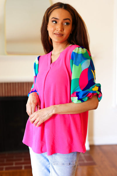 Tell Your Story Fuchsia Geo Print Puff Sleeve V Neck Top - Online Only!