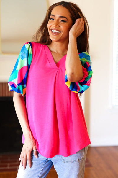 Tell Your Story Fuchsia Geo Print Puff Sleeve V Neck Top - Online Only!