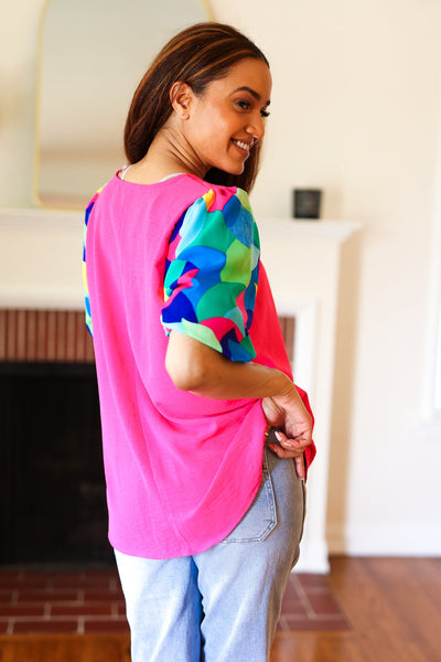 Tell Your Story Fuchsia Geo Print Puff Sleeve V Neck Top - Online Only!