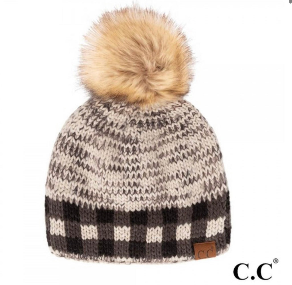 CC Beanie Ivory & Black Plaid Beanie