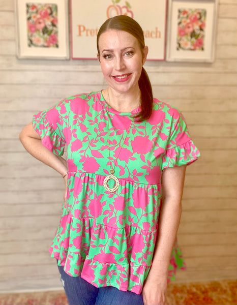 FINAL SALE Charming Green & Fuchsia Floral Top