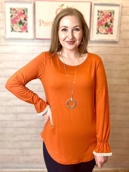 FINAL SALE Pumpkin Crochet Trim Top