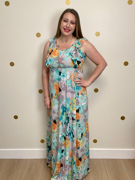 FINAL SALE Aqua Floral Flutter Sleeve Maxi Dress