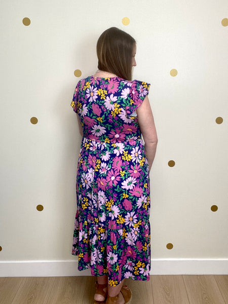 FINAL SALE Navy & Lilac Floral Ruffle Midi Pocket Dress