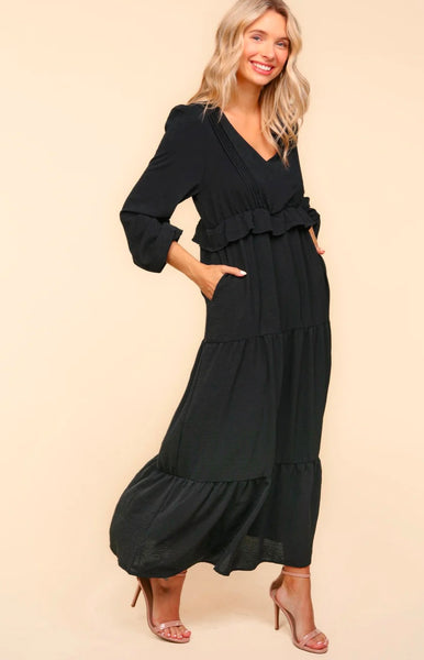 Black V Neck Ruffle Maxi Dress