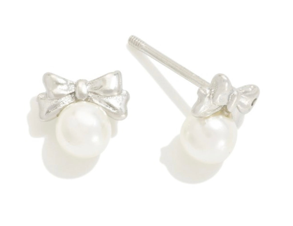 Silver Pearl Bow Earrings