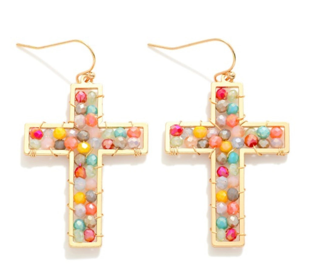 Gold Multi Beaded Cross Earrings