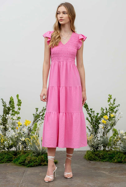 FINAL SALE Pink Smocked Flutter Sleeve Midi Dress