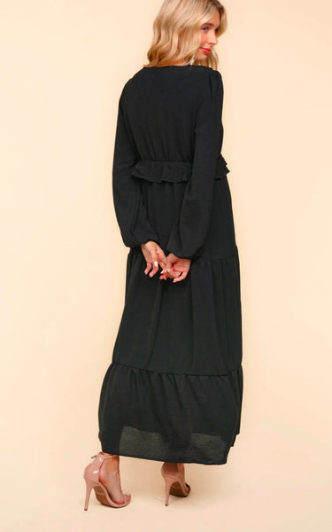 Black V Neck Ruffle Maxi Dress