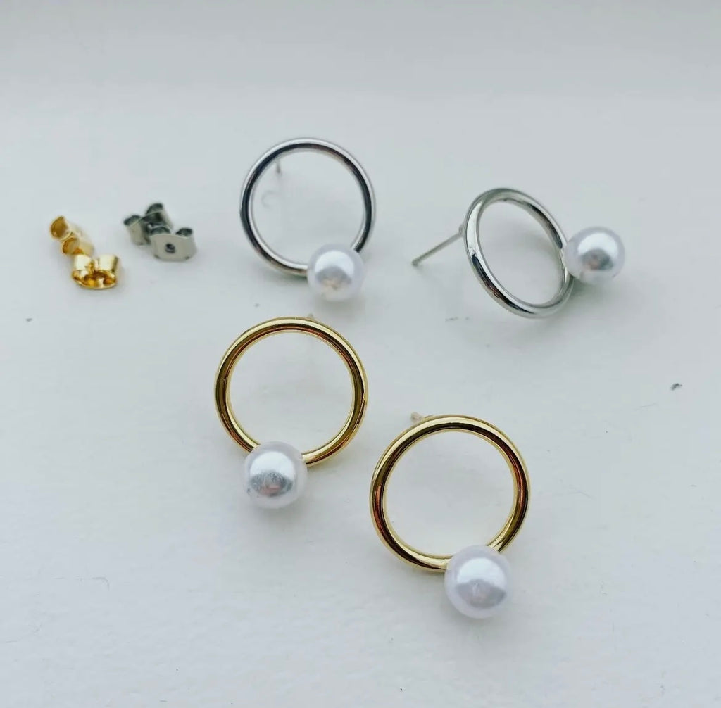 Silver Pearl Open Circle Earrings