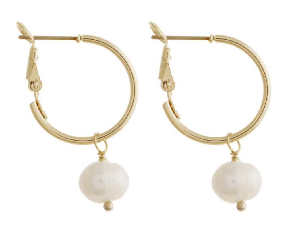 Gold Pearl Dangle Hoop Earrings