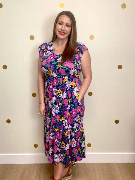 FINAL SALE Navy & Lilac Floral Ruffle Midi Pocket Dress