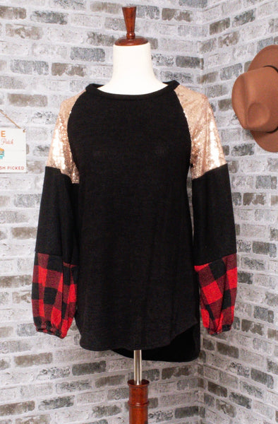 FINAL SALE Black & Red Plaid Sequin Top