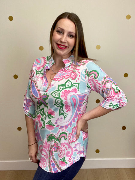 FINAL SALE Fuchsia Multi Paisley Print Top