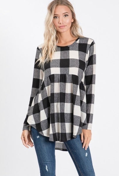 FINAL SALE Black & Ivory Buffalo Plaid Peplum Tunic