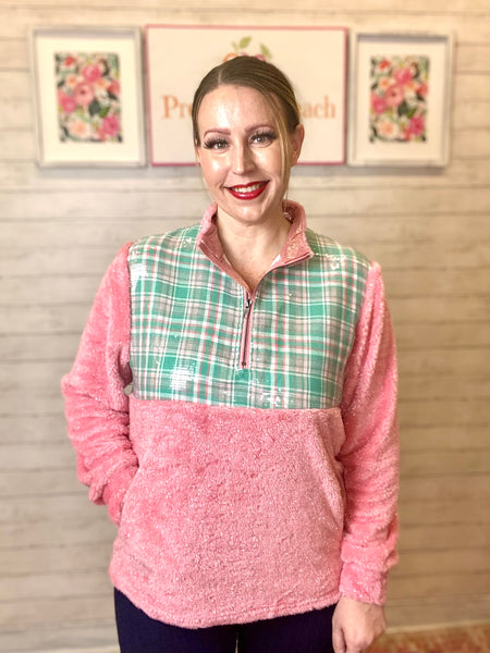 FINAL SALE Pink Gingham Sherpa Pullover