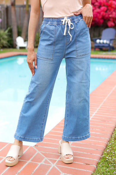 Denim Blue High Rise Drawstring Cropped Jeans - Online Only!