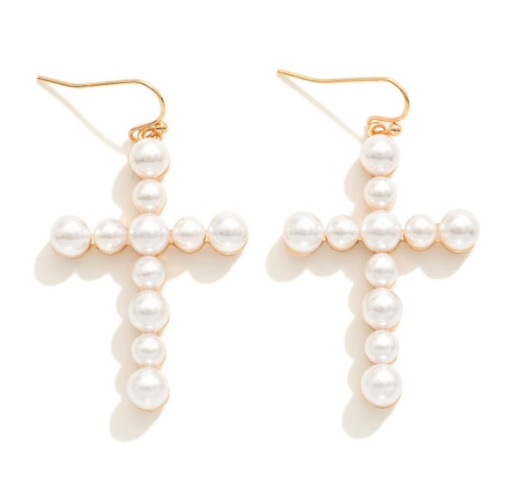 Pearl Gold Cross Earrings