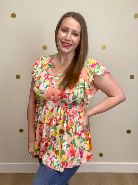 FINAL SALE Peach & Green Multi Floral Peplum Top