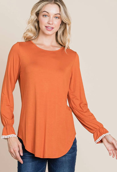 FINAL SALE Pumpkin Crochet Trim Top