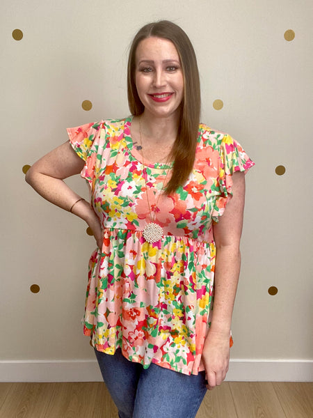 FINAL SALE Peach & Green Multi Floral Peplum Top