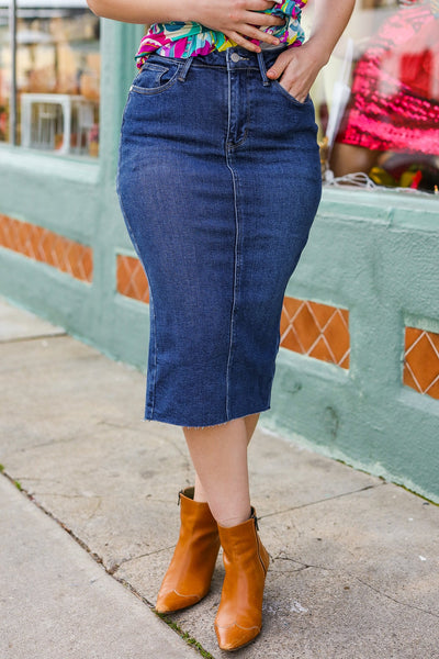 Dark Denim High Rise Back Slit Midi Length Skirt - Online Only!