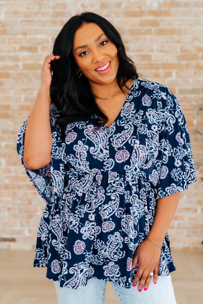 Navy and Pink Paisley Peplum Top - Online Only!