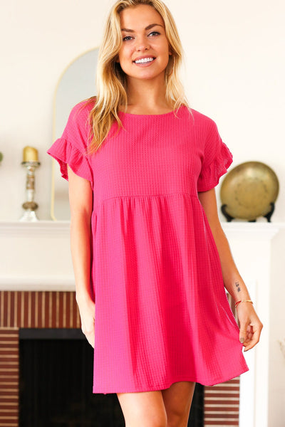 Summer Days Fuchsia Waffle Knit Ruffle Sleeve Babydoll Dress - Online Only!