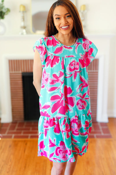 Diva Dreaming Aqua & Fuchsia Floral Print Tiered Ruffle Sleeve Dress - Online Only!