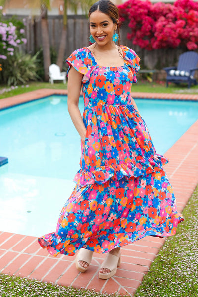 Follow Me Aqua Floral Print Square Neck Tiered Ruffle Maxi Dress - Online Only!