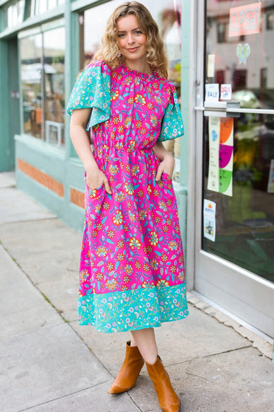 Charming Fuchsia & Mint Floral Frill Mock Neck Flutter Sleeve Midi Dress - Online Only!