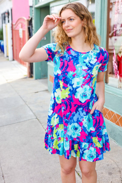 Everyday Blue & Pink Floral Ruffle Hem Dress - Online Only!