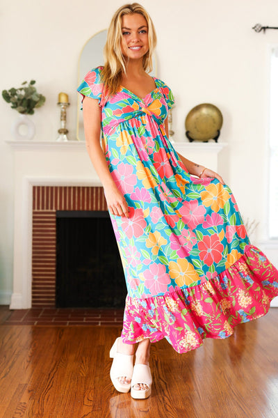 Vacay Vibes Blue Floral Print Sweetheart Twisted Neckline Maxi Dress - Online Only!