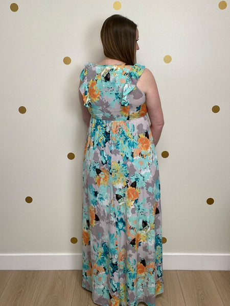 FINAL SALE Aqua Floral Flutter Sleeve Maxi Dress