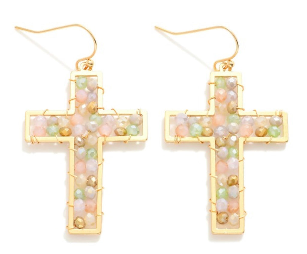 Gold Light Multi Beaded Cross Earrings