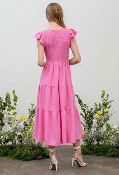 FINAL SALE Pink Smocked Flutter Sleeve Midi Dress