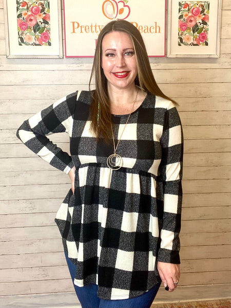 FINAL SALE Black & Ivory Buffalo Plaid Peplum Tunic