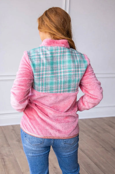 FINAL SALE Pink Gingham Sherpa Pullover